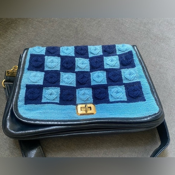 Vintage Needlepoint and Leather Blue Shoulder Bag - Picture 6 of 11